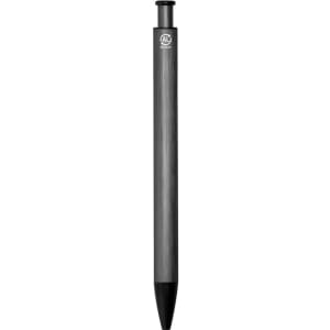 A slender metal pen in grey with a black tip, featuring a logo near the top.
