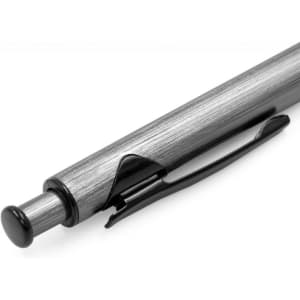 A silver metal pen with a black clip and a round top, featuring a sleek, brushed finish.
