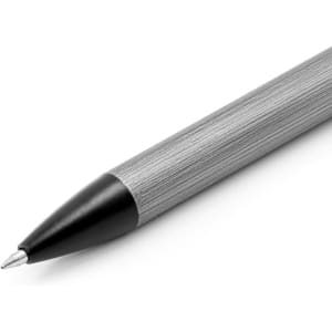 A sleek metal pen in silver with a black tip, featuring a textured barrel and a logo.