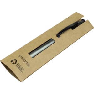 A metal pen in a recycled kraft packaging, featuring a black clip and nib, with a logo on the box.