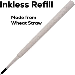An inkless refill made from wheat straw, featuring a black writing tip and a textured white body.