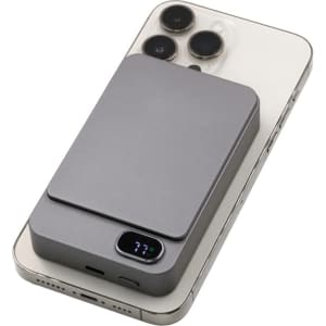 A grey Eco Magnetic Wireless Power Bank atop a smartphone, featuring a sleek, compact design and a logo.