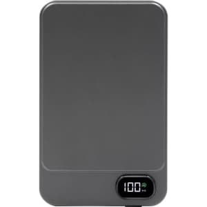 A grey magnetic wireless power bank featuring a digital display. It has a minimalist design and includes a logo.