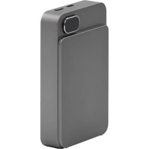 A grey, compact magnetic wireless power bank featuring a logo and multiple ports for charging devices.