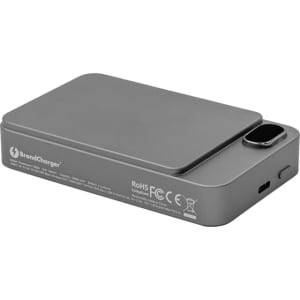 A grey wireless power bank with a sleek design, featuring a logo and a charging port.