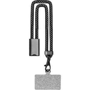 A black braided wristband strap with a grey detachable phone holder. It features a clip and a logo.