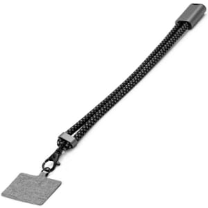 A black and grey eco-phone strap with a braided design and a square attachment point. It features a logo.