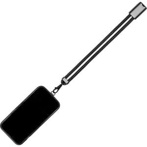 A black and white patterned wristband phone strap with a metallic attachment, designed for holding a smartphone.