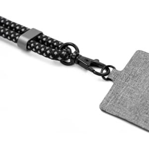 A black and grey textured phone strap with a clip attachment and a flat badge holder. Features a braided design.