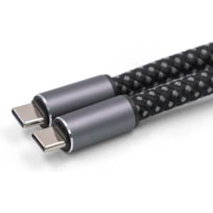 A braided charging cable with two grey USB-C connectors on each end, featuring a black and grey woven design.