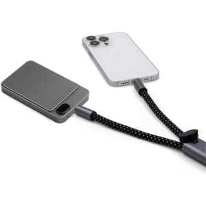 A grey eco-friendly phone strap with a connecting charging cable attached to a smartphone.