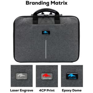 A grey laptop case with dual handles and a branding logo on the front, featuring options for logo displays below.