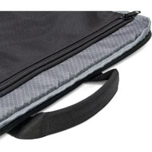 A black laptop case with a grey interior, featuring a zip closure and a carrying handle. It has a logo.