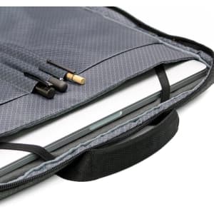 A grey laptop case featuring an interior pocket and compartments for accessories, including pens. It has a handle and branding.