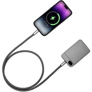 A fast charge cable in black with a textured finish, connected to a smartphone displaying a charging icon.