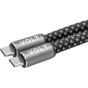 A charging cable with a braided black design and two silver connectors, featuring a logo on the ends.