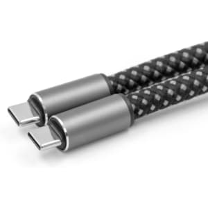 A black and silver braided charging cable with two USB-C connectors on each end. It features a sleek design and textured finish.