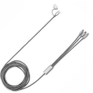A grey eco-friendly charging cable with three connectors and a sturdy braided design. Features a logo on the connector.