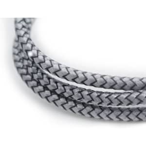 A braided charging cable in grey, featuring an eco-friendly design and a logo.