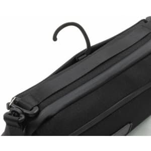 A black toiletry bag featuring a hook for hanging and a sleek design, brand logo visible.