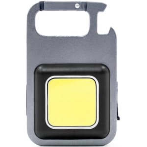 A grey multi-tool with a yellow LED light, featuring a bottle opener and a small loop for attaching to keyrings.