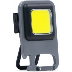 A grey COB LED multi-tool with a square light, featuring a built-in stand and keyring attachment.