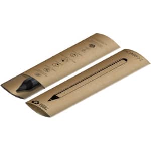 A black stylus pen displayed in eco-friendly packaging, featuring a logo and instructions on the back.