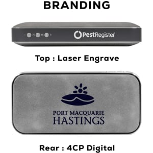 A Bluetooth speaker power bank in grey with branding on the top and rear surfaces.