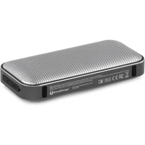 A Bluetooth speaker power bank in black and silver, featuring a textured surface and a logo.