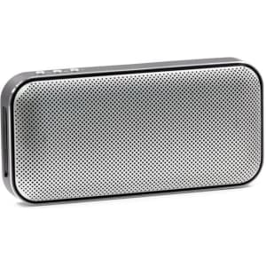A silver and black Bluetooth speaker power bank featuring a perforated design and logos.