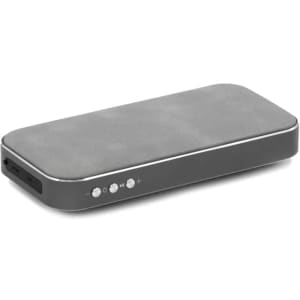 A grey Bluetooth speaker powerbank with buttons and a port, featuring a sleek and minimalist design.