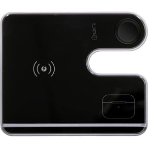 A black and silver wireless charger with a sleek design featuring multiple charging sections.