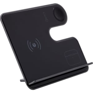 A black wireless charger with a sleek, modern design and an integrated stand for electronic devices.