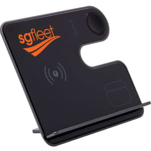 A black wireless charger stand with a logo, featuring a sleek design and multiple charging sections.