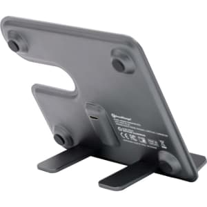 A grey wireless charger stand with three positions and a tapered design, featuring a logo on the back.
