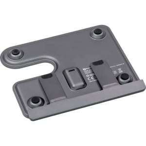 A grey wireless charging stand with multiple slots for devices, featuring a logo and round rubber feet.