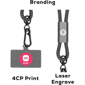 A black lanyard with a carabiner clip and a tag, featuring a branding logo and decorative print.