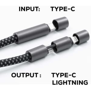 A braided charging cable in black, featuring Type-C and Lightning connectors for charging and data transfer.