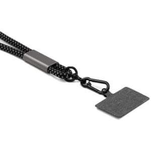 A black eco-friendly phone strap with a clip and textured tag, designed for charging and data connectivity.
