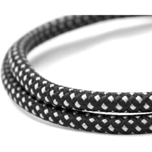 A braided black and white charging cable with a flexible design. It features a textured surface and a logo.