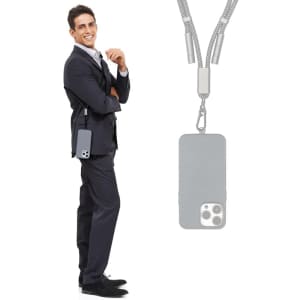 A grey eco phone strap with a charging and data cable hangs from a man in a suit. The strap features a sleek design.