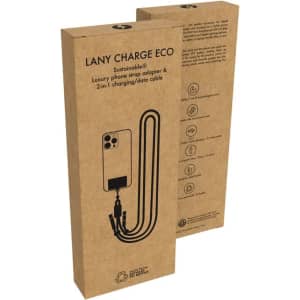 A brown cardboard box featuring the Lany Charge Eco Phone Strap, showcasing a 2-in-1 charging and data cable design.