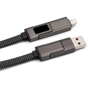 A fast charging cable in grey with a braided design, featuring USB and lightning connectors and a logo on one side.