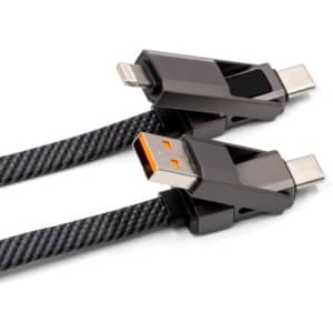 A black braided fast charging cable with multiple connectors, featuring a logo on the plugs.