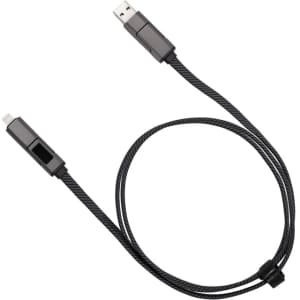 A black 4-in-1 charging cable with USB and multiple connector ends. It features a branded logo.