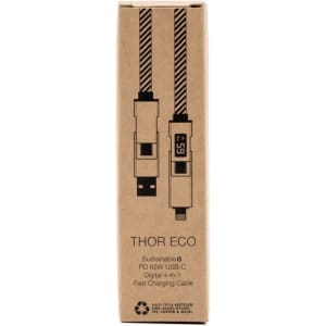 A rectangular cardboard packaging featuring a sustainable 65W USB-C fast charging cable with a logo.