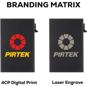 A promotional RFID case with a matte finish, featuring two branding options and a logo on both designs.