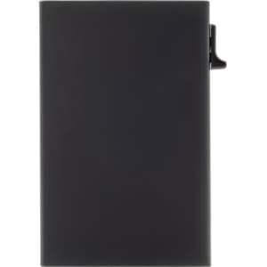 A black RFID case with a sleek design and a side clip for easy access. It features a minimalist style with a logo.