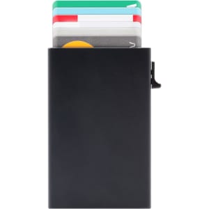 A black RFID card case holds several cards and features a sliding mechanism. It includes a logo.