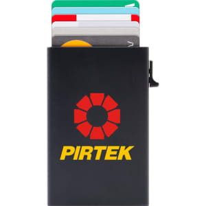 A black RFID case containing multiple cards, featuring a logo on the front.